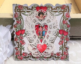 Antique Layered Valentines Day Card Victorian Edwardian Valentine w Little Boy & Girl in Heart Shaped Paper Lace Frame Scraps Embossed