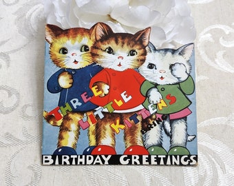 Vintage Die Cut Kitty Cat Booklet Birthday Card w Verse about Three Little Kittens Mittens Nursery Rhyme ? c 1930s 1940s USED Antique