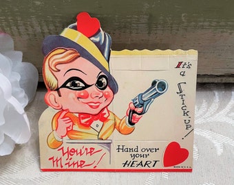 Vintage Valentine’s Day Card Little Boy in Mask w Gun Stick Up Robbery c 1940s 1950s Antique Die Cut Valentine