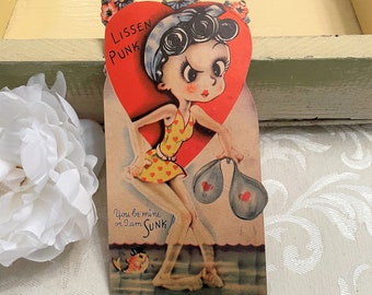 Unusual & Fun Punk Antique Die Cut Valentine’s Day Card c 1940s Lady in Bathing Suit w Flotation Device 8” Vintage Vinegar Valentine