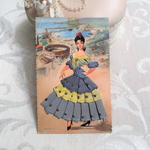 Beautiful Vintage Embroidered Fabric Postcard Spanish Dancer Lady in Blue Dress Ball Room Dancing c 1940s -50s Antique Embroidery TAPE MARK