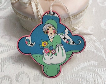 Art Deco Flapper Girl Antique Bridge Tally Card c 1920s Blue Green Pretty Lady Holding Flowers Scalloped Shape UNUSED Vintage Game