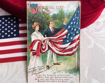 Antique Patriotic Postcard Memorial Day Edwardian Era Handsome Couple Raises Flag USA American 1911 Vintage Post Card