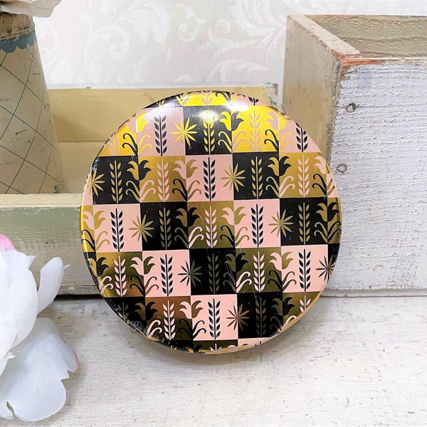 Small Vintage Tin Box in Pink Black & Gold Stylized Floral Designs on Grid of Squares c 1970s Candy Nut Tin