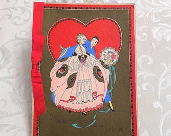 Beautiful Large 10x7 Art Deco Antique Valentine’s Day Card Courting Couple Pink Hoop Skirt 1920s 1928 Vintage Valentine