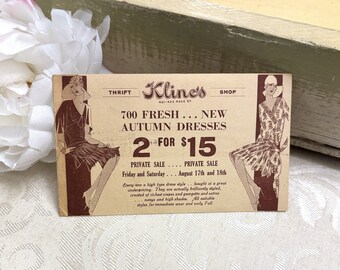 Fun Antique Art Deco Advertising Card for 1920s Flapper Girl Dresses Kline’s Thrift Shop in Cincinnati Vintage 1928