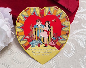 Art Deco Antique Valentines Day Card w Great Graphics Vibrant Colors Die Cut Heart Little Boy & Girl at Fence Vintage c 1920s 1930s