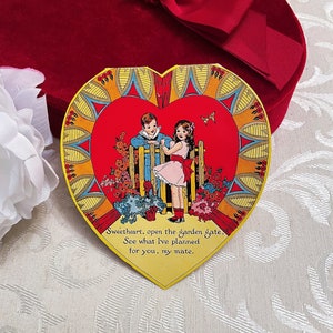 Art Deco Antique Valentines Day Card w Great Graphics Vibrant Colors Die Cut Heart Little Boy & Girl at Fence Vintage c 1920s 1930s
