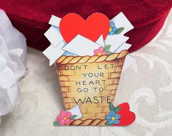 Small Antique Valentine’s Day Card Wicker Waste Basket or Trash Can w Letters & Hearts Vintage Die Cut Valentine c 1930s