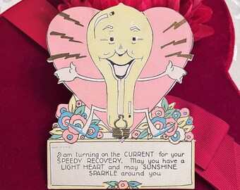 Antique Anthropomorphic Light Bulb Art Deco Get Well Card Die Cut Vintage Greeting Card w Lots of Pink 1930s 1931