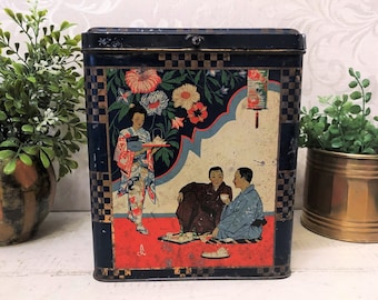 Large Antique Asian Themed Tin Box in Blue and Orange Musical Scene Tea Scene c 1910 Vintage Decor