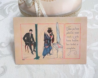 Pretty Antique Postcard w Man Waiting for Date Pretty Lady at her Vanity c 1910s Interesting Artwork Vintage Post Card
