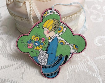 Art Deco Flapper Girl Antique Bridge Tally Card c 1920s Blue Green Pretty Lady in Profile Scalloped Shape UNUSED Vintage Game