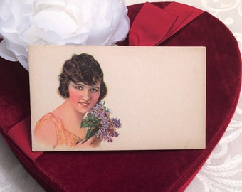 Antique Flapper Girl Postcard c 1920s Pretty Lady w Purple Flowers Bouquet Glamour Girl McCreery Narrow Vintage Post Card UNUSED