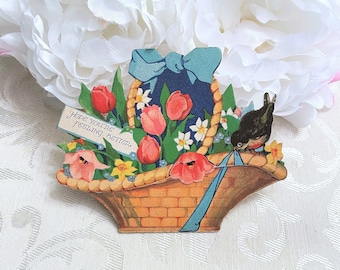 Beautiful Antique Get Well Card Die Cut Floral Basket w Plenty of Pink Flowers & Blackbird c 1920s 1930s Vintage Greeting Card UNUSED