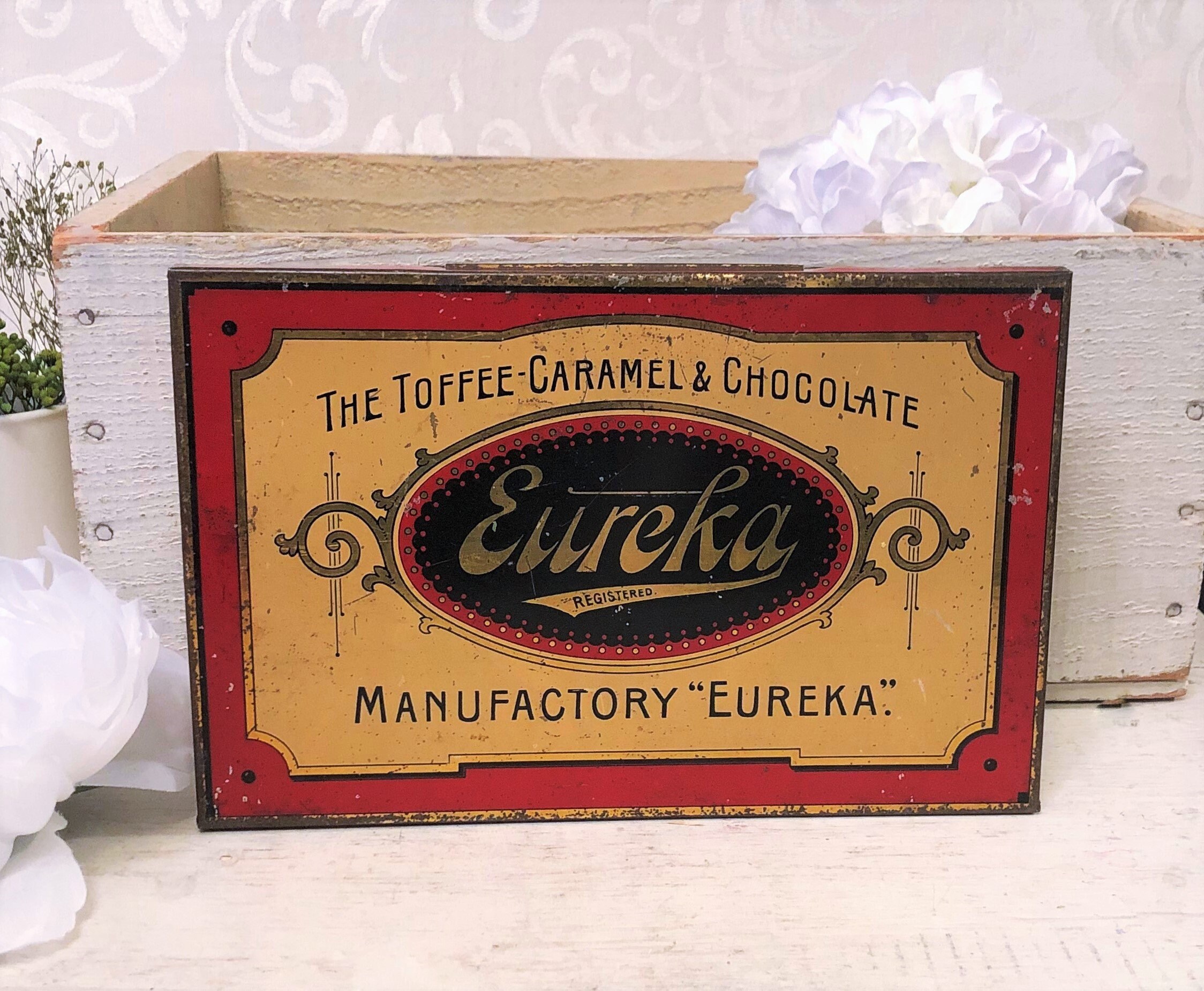 Large Antique Eureka Toffee Candy Tin General Store
