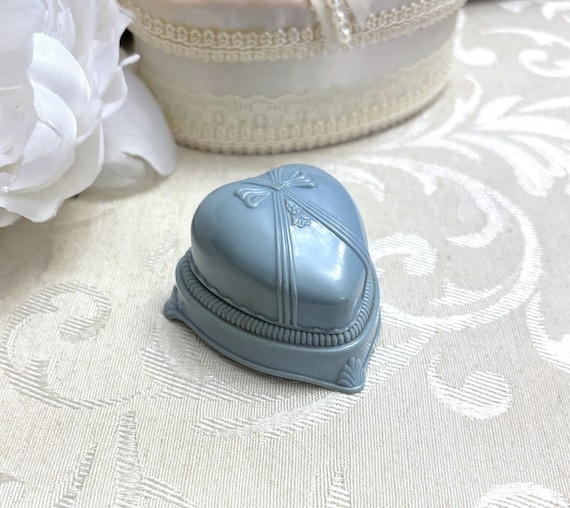 Pretty Vintage Ring Box in Pale Blue Color Tiny Heart Shaped Box w Hinge Plastic Celluloid ? c 1930s ? Art Deco