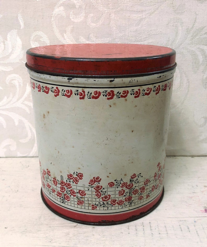 Red White Black Lady in Hoop Skirt Red Flowers Floral Roses Garden Trellis Arch Vintage Tin Box Pretty Antique Tin Kitchen Canister