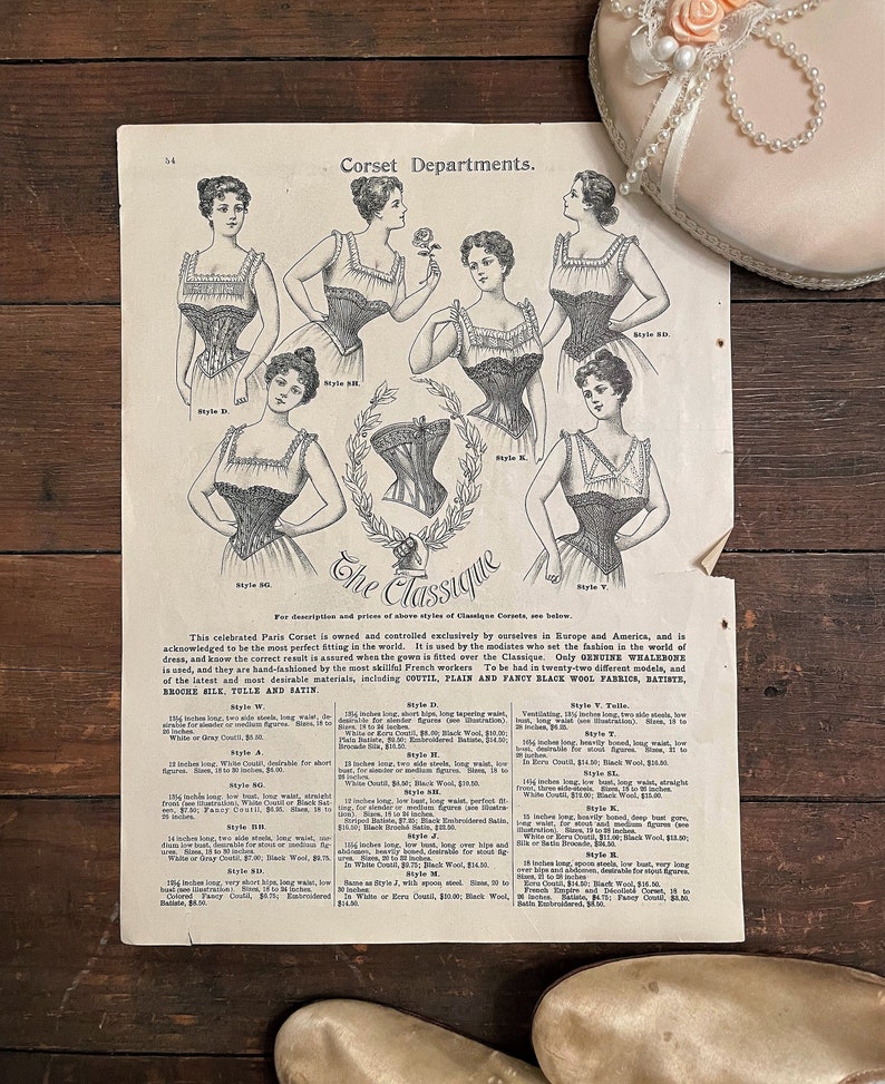 May include: A vintage advertisement for The Classique Paris Corset, featuring illustrations of women wearing different styles of corsets. The ad highlights the use of genuine whalebone and various materials, including coutil, plain and fancy black wool fabrics, batiste, broche silk tulle, and satin.