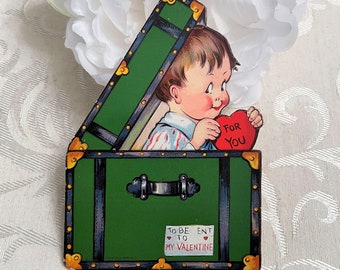 1920s Antique Die Cut Valentine’s Day Card Little Boy Peeking Out of Green Trunk 1926 Vintage Valentine