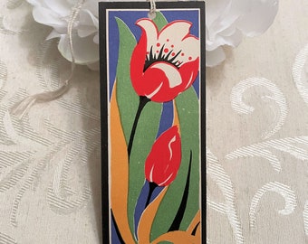 Lovely Antique Bridge Tally Card w Red Tulip Art c 1920s Flower Power Vibe Flower Floral Vintage Game Card Art Deco