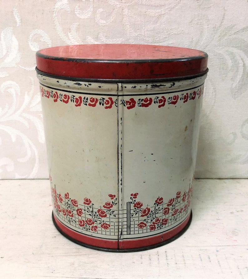 Red White Black Lady in Hoop Skirt Red Flowers Floral Roses Garden Trellis Arch Vintage Tin Box Pretty Antique Tin Kitchen Canister