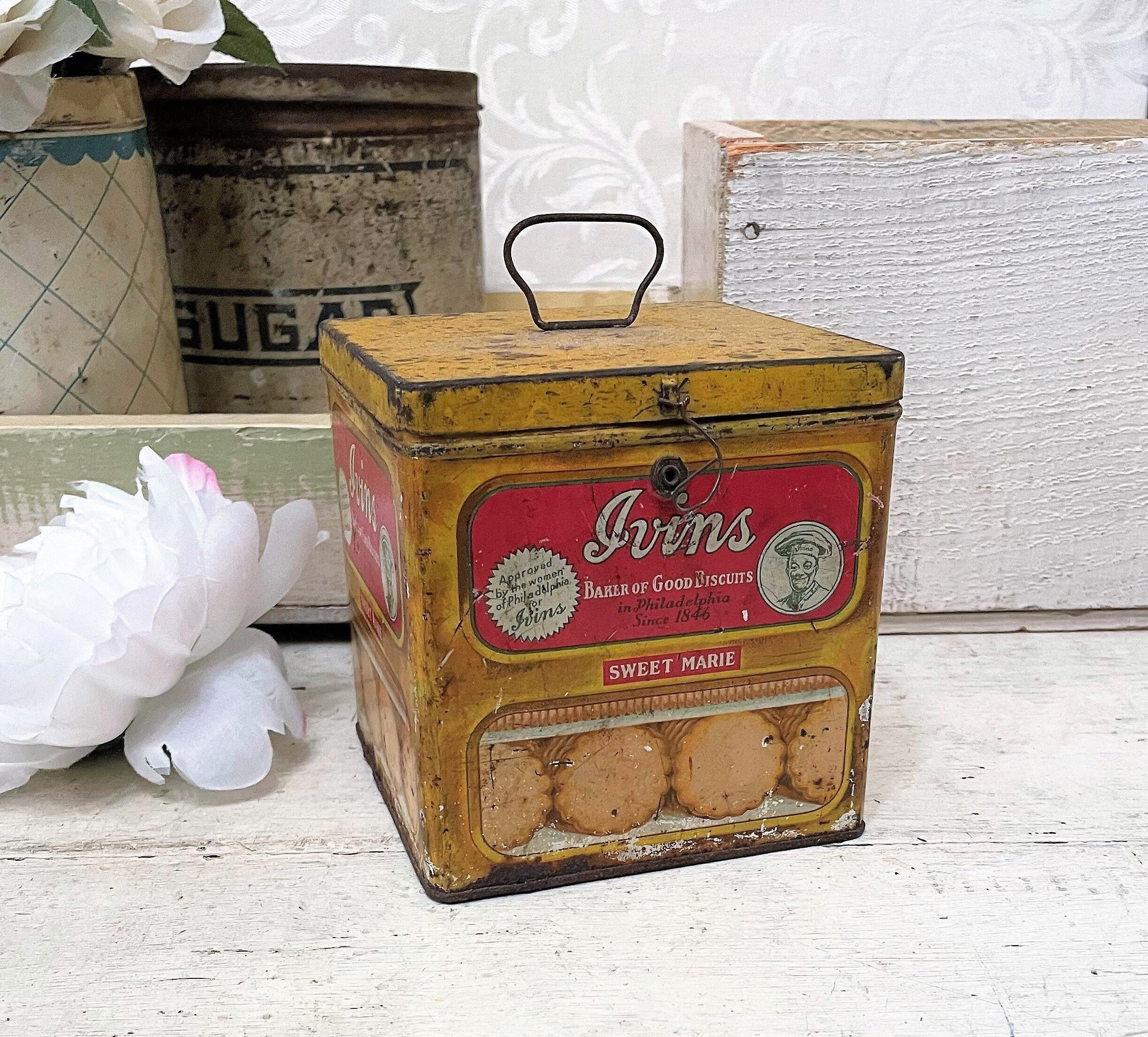 RUSTIC Antique Biscuit Tin Farmhouse Patina Shabby Ivins Cookies C 1910  Vintage Tin Box, Primitive Decor 