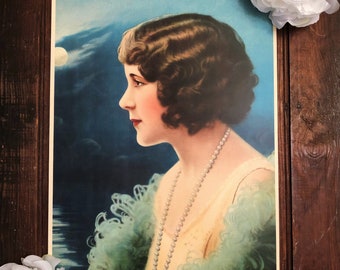 Beautiful Large 1928 Flapper Art Print, 1920s Pretty Lady Profile Full Moon Moonlight, 16.5", Antique Vintage Wall Décor Art Deco