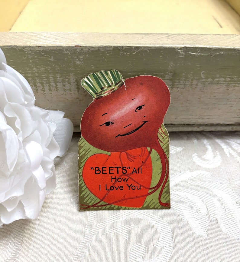 Small Anthropomorphic Beet Die Cut Antique Valentines Day Card Tiny Vegetable Valentine Vintage c 1930s image 1