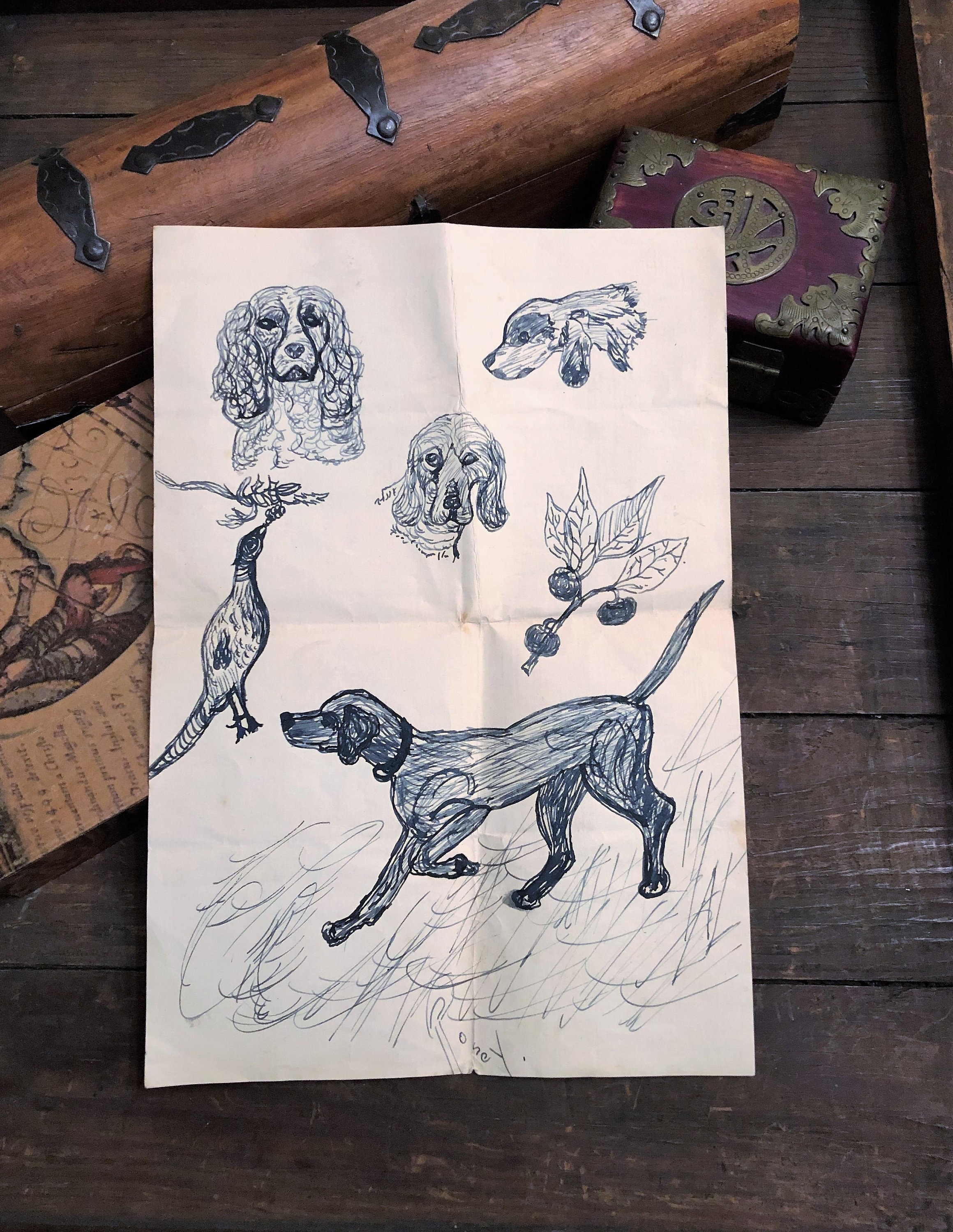 Small Vintage Amateur Art Dog Drawings on Paper Piece Pen pic