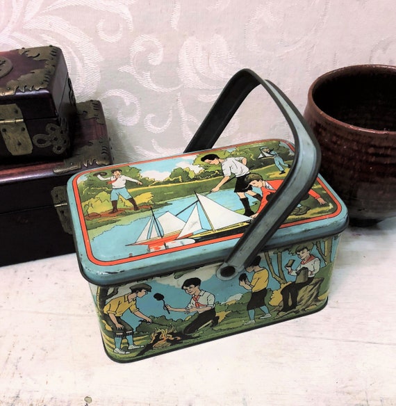 Antique Lunch Box Style Tin W Boys Playing Campfire Sailboats