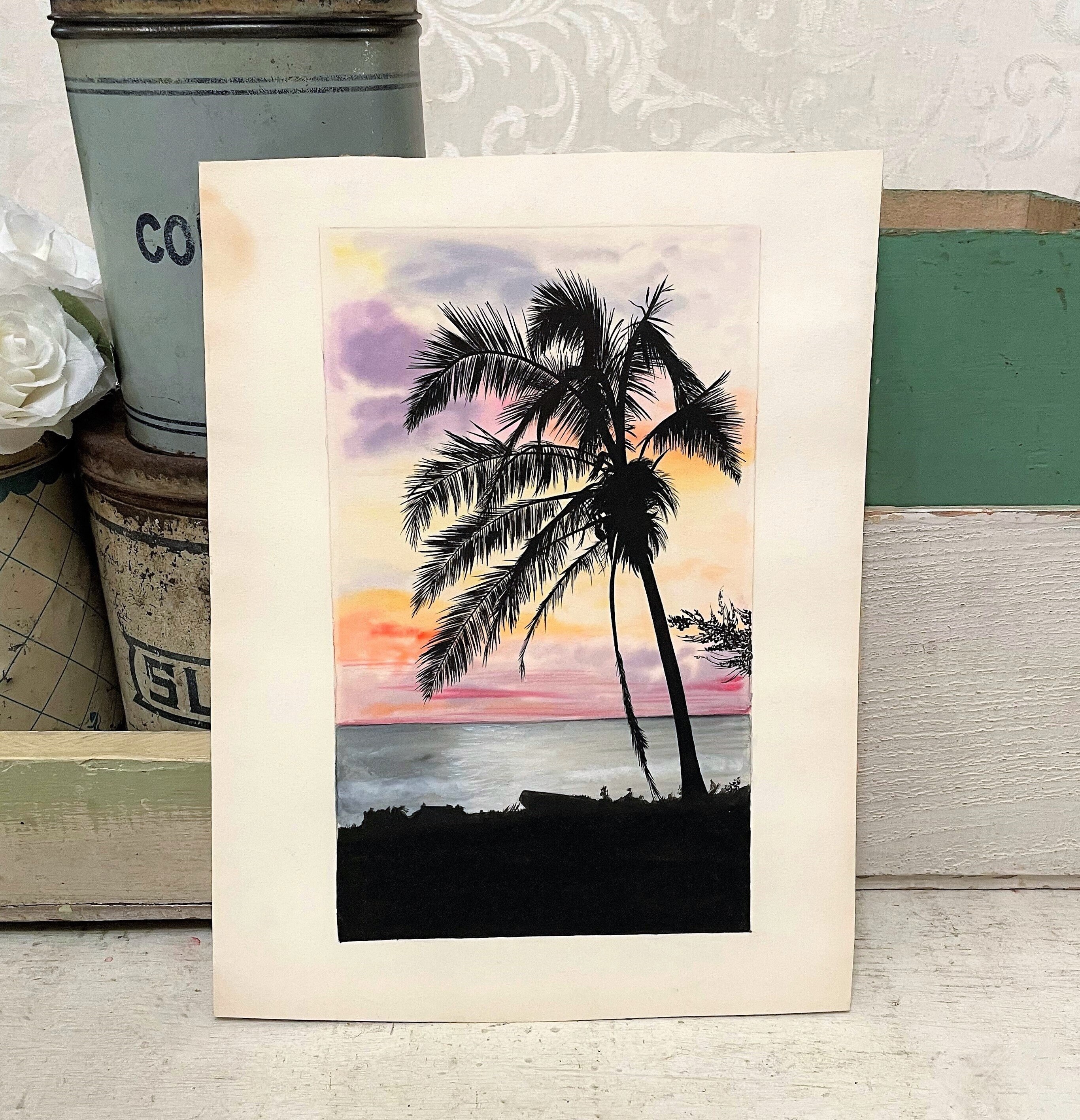 Vintage Palm Tree Mixed Media Ink and Watercolor Painting