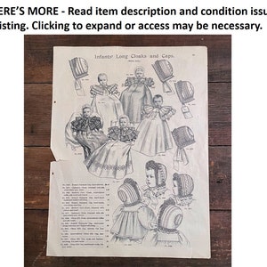 May include: A black and white vintage advertisement for infants' long cloaks and caps. The advertisement features illustrations of babies wearing various styles of cloaks and caps. The text "Infants' Long Cloaks and Caps" is printed at the top of the advertisement.