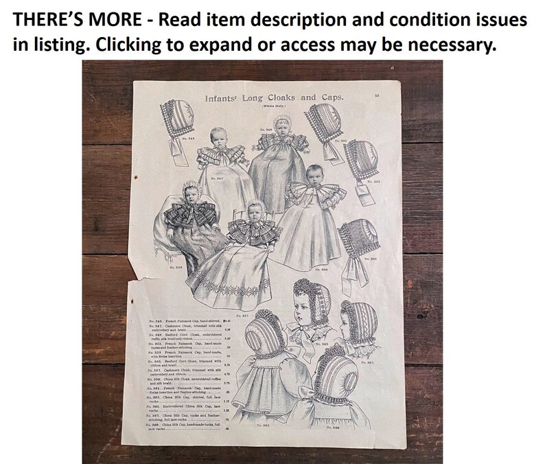 May include: A black and white vintage advertisement for infants' long cloaks and caps. The advertisement features illustrations of babies wearing various styles of cloaks and caps. The text "Infants' Long Cloaks and Caps" is printed at the top of the advertisement.
