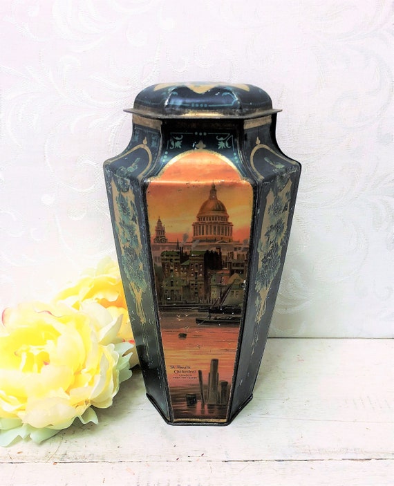 Red White Black Lady in Hoop Skirt Red Flowers Floral Roses Garden Trellis Arch Vintage Tin Box Pretty Antique Tin Kitchen Canister