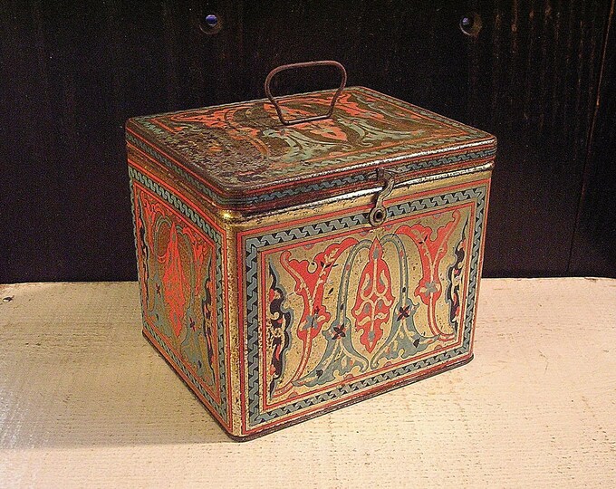 Antique Biscuit Tin Distressed Patina 1920s Art Deco Orange and Blue