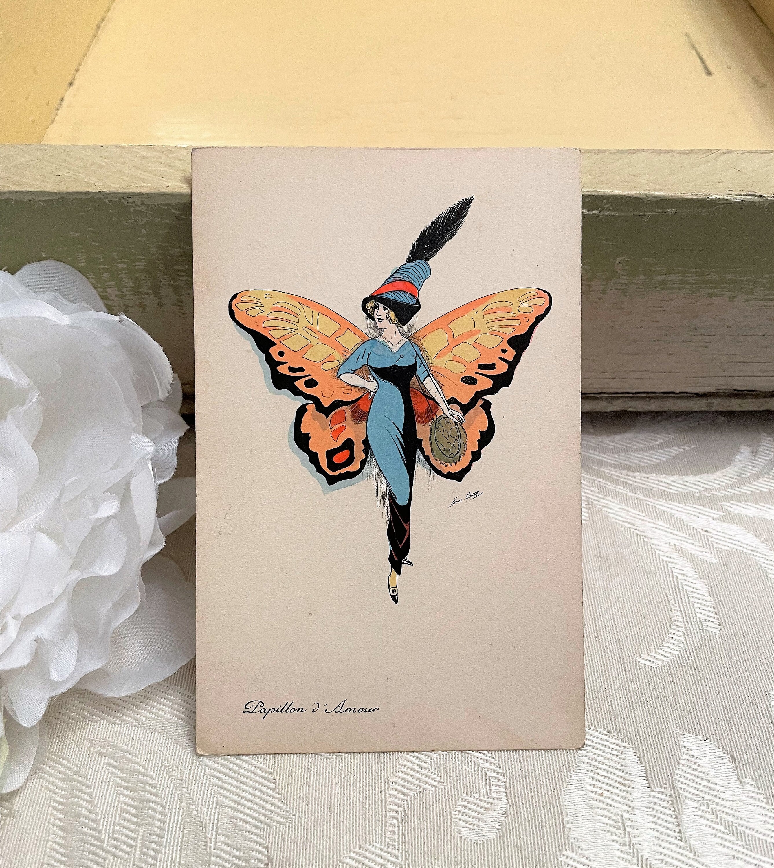Beautiful French Butterfly Glamour Girl Antique Postcard image