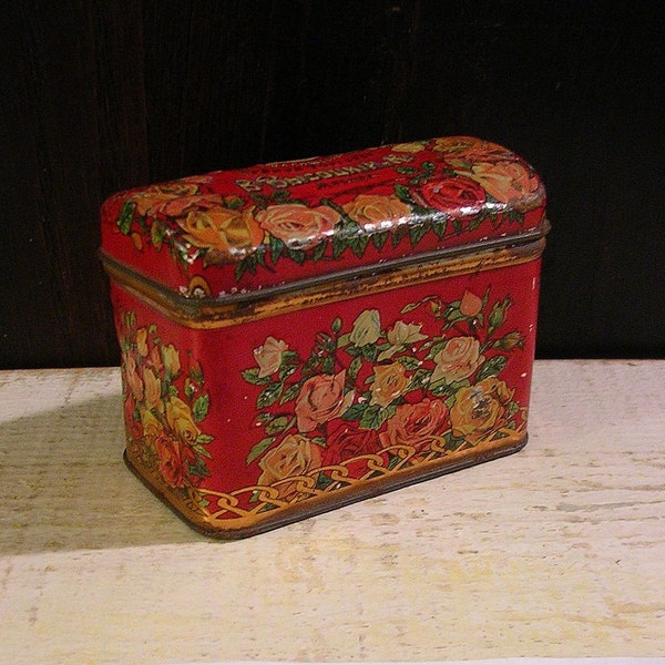 Early Russian Tea Tin Small Red Treasure Chest Embossed Vintage Antique Box - So Pretty