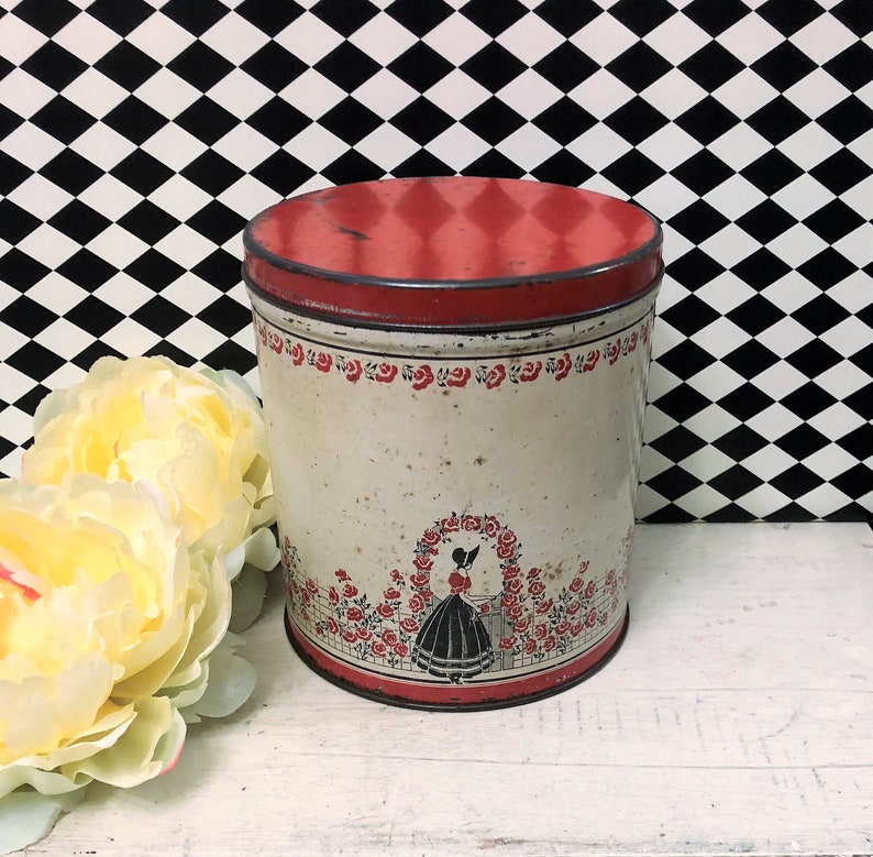 Red White Black Lady in Hoop Skirt Red Flowers Floral Roses Garden Trellis Arch Vintage Tin Box Pretty Antique Tin Kitchen Canister
