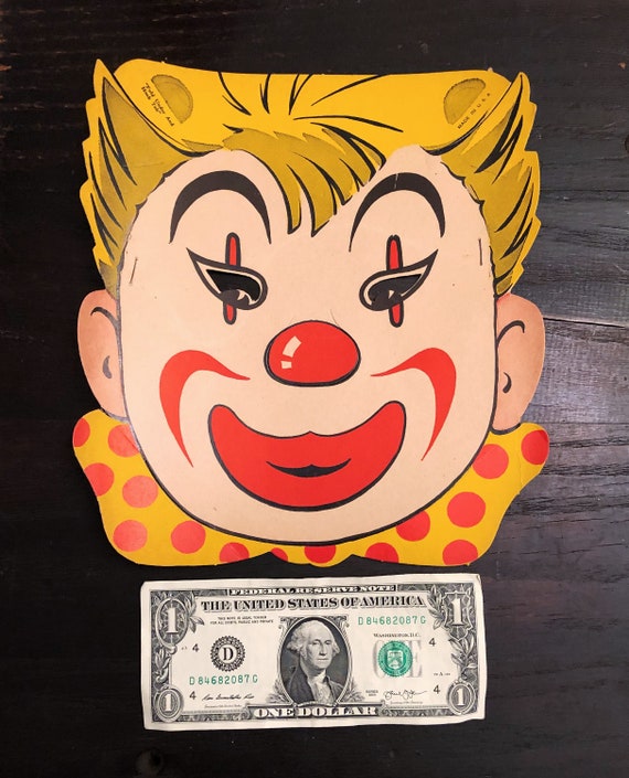 Vintage Halloween Clown Mask c 1940s Cardboard Mask, … Gem