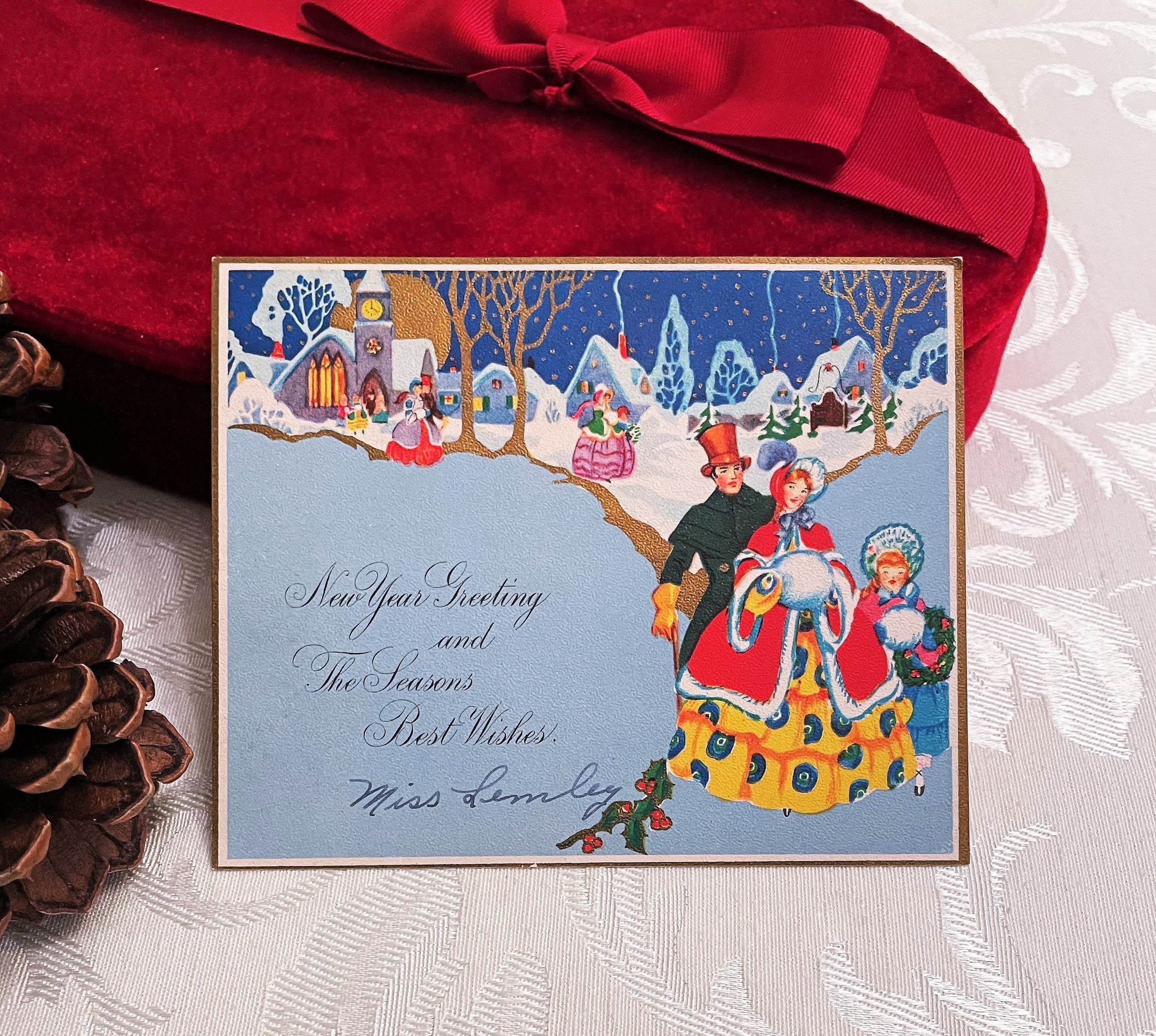 Beautiful Art Deco New Years Card Victorian Family Blue Snowy - Etsy