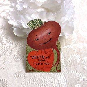 Small Anthropomorphic Beet Die Cut Antique Valentines Day Card Tiny Vegetable Valentine Vintage c 1930s image 2