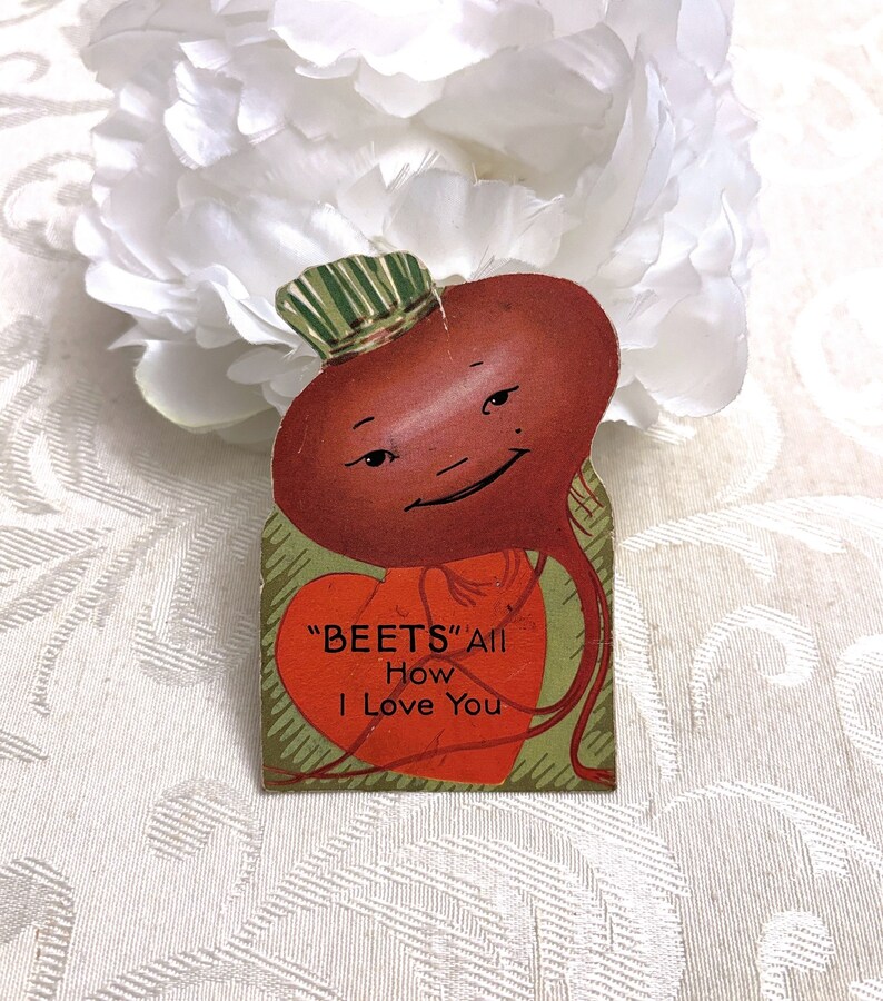 Small Anthropomorphic Beet Die Cut Antique Valentines Day Card Tiny Vegetable Valentine Vintage c 1930s image 2