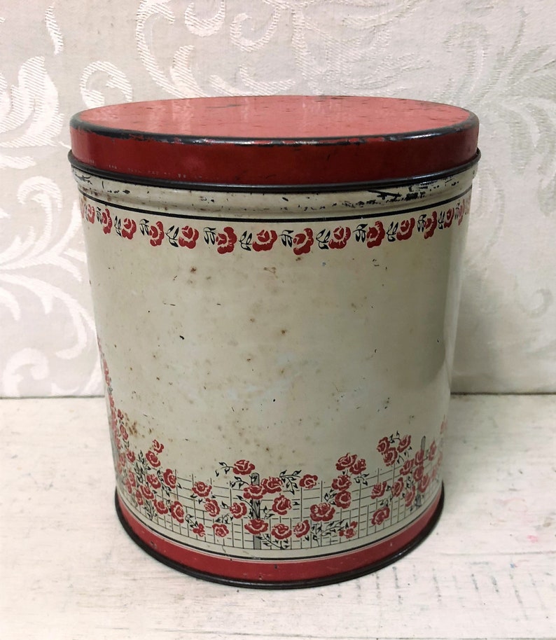 Red White Black Lady in Hoop Skirt Red Flowers Floral Roses Garden Trellis Arch Vintage Tin Box Pretty Antique Tin Kitchen Canister