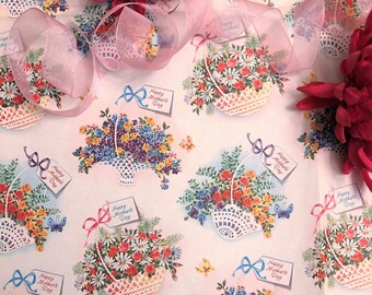 Partial Piece Vintage Mothers Day Wrapping Paper c 1940s Flowers Floral Baskets Antique Gift Wrap