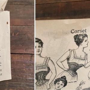 May include: A black and white advertisement for corset departments. The ad features illustrations of women wearing different styles of corsets. The text reads "Corset Departments."