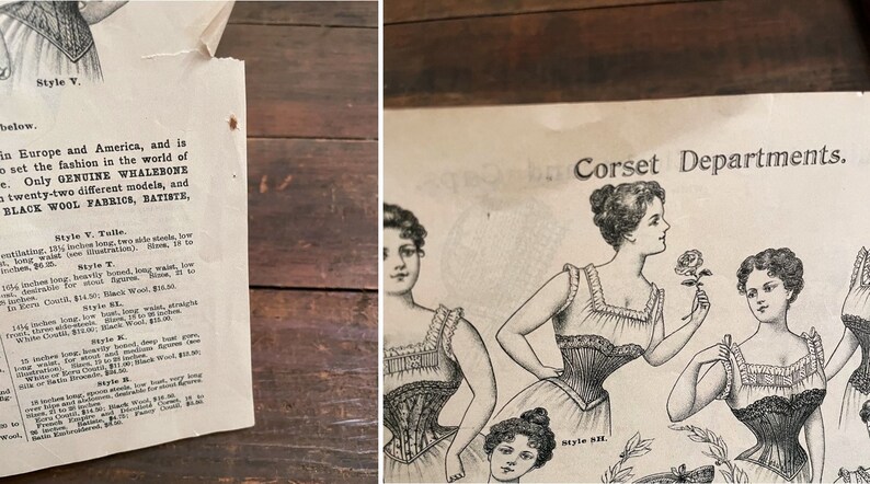 May include: A black and white advertisement for corset departments. The ad features illustrations of women wearing different styles of corsets. The text reads "Corset Departments."
