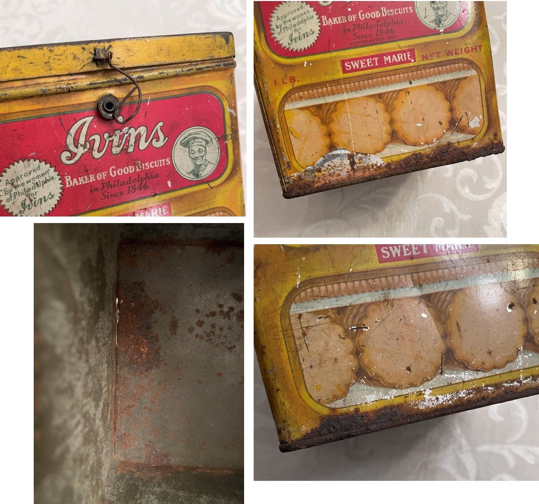 RUSTIC Antique Biscuit Tin Farmhouse Patina Shabby Ivins