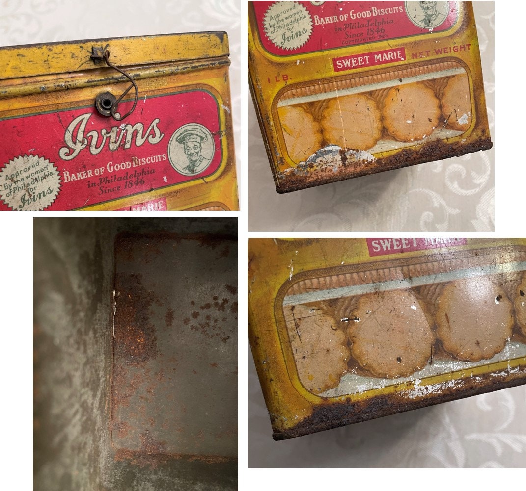 RUSTIC Antique Biscuit Tin Farmhouse Patina Shabby Ivins Cookies C