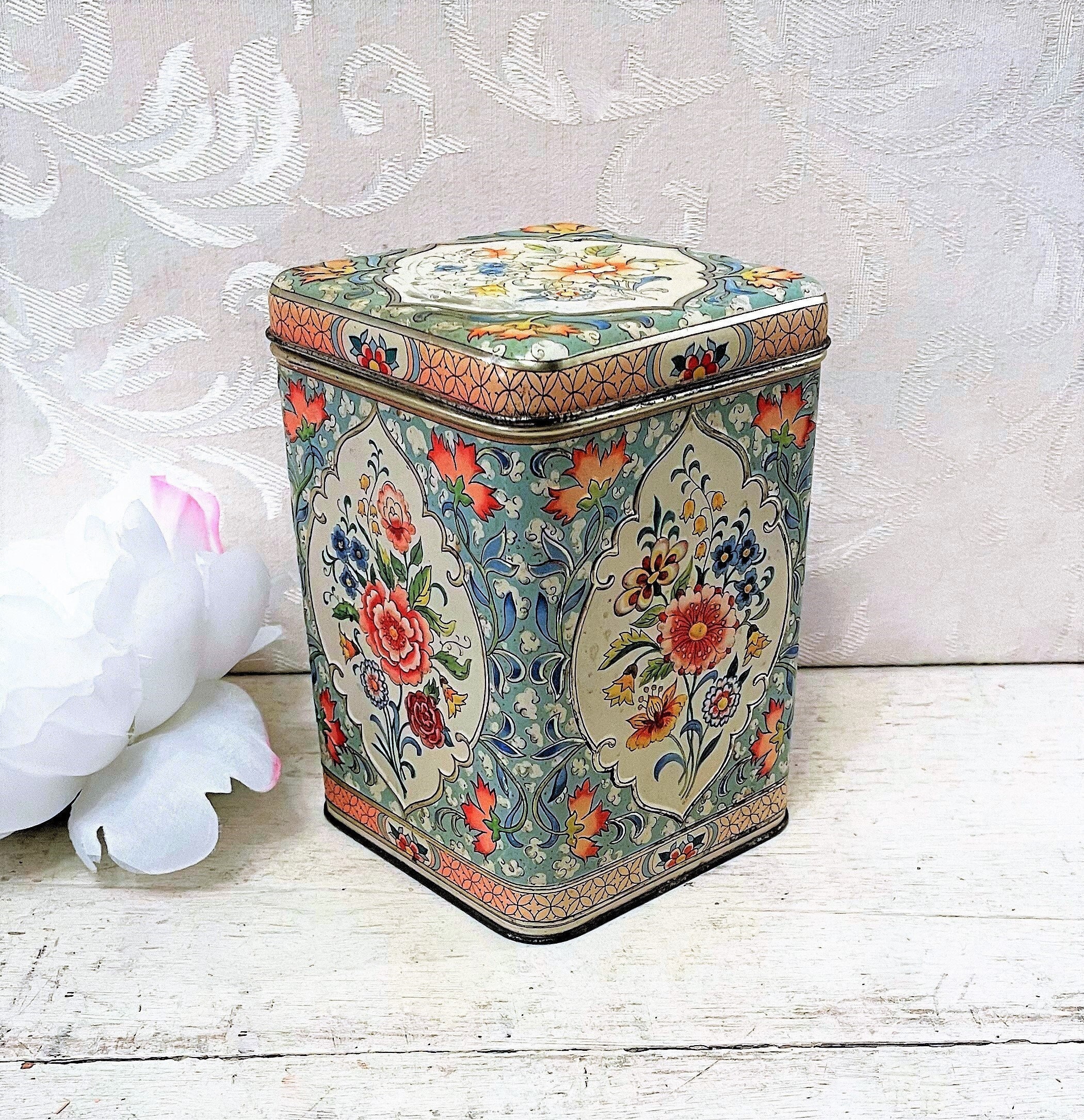 Vintage Repousse Blue & Pink Floral Tin Embossed Antique Tin